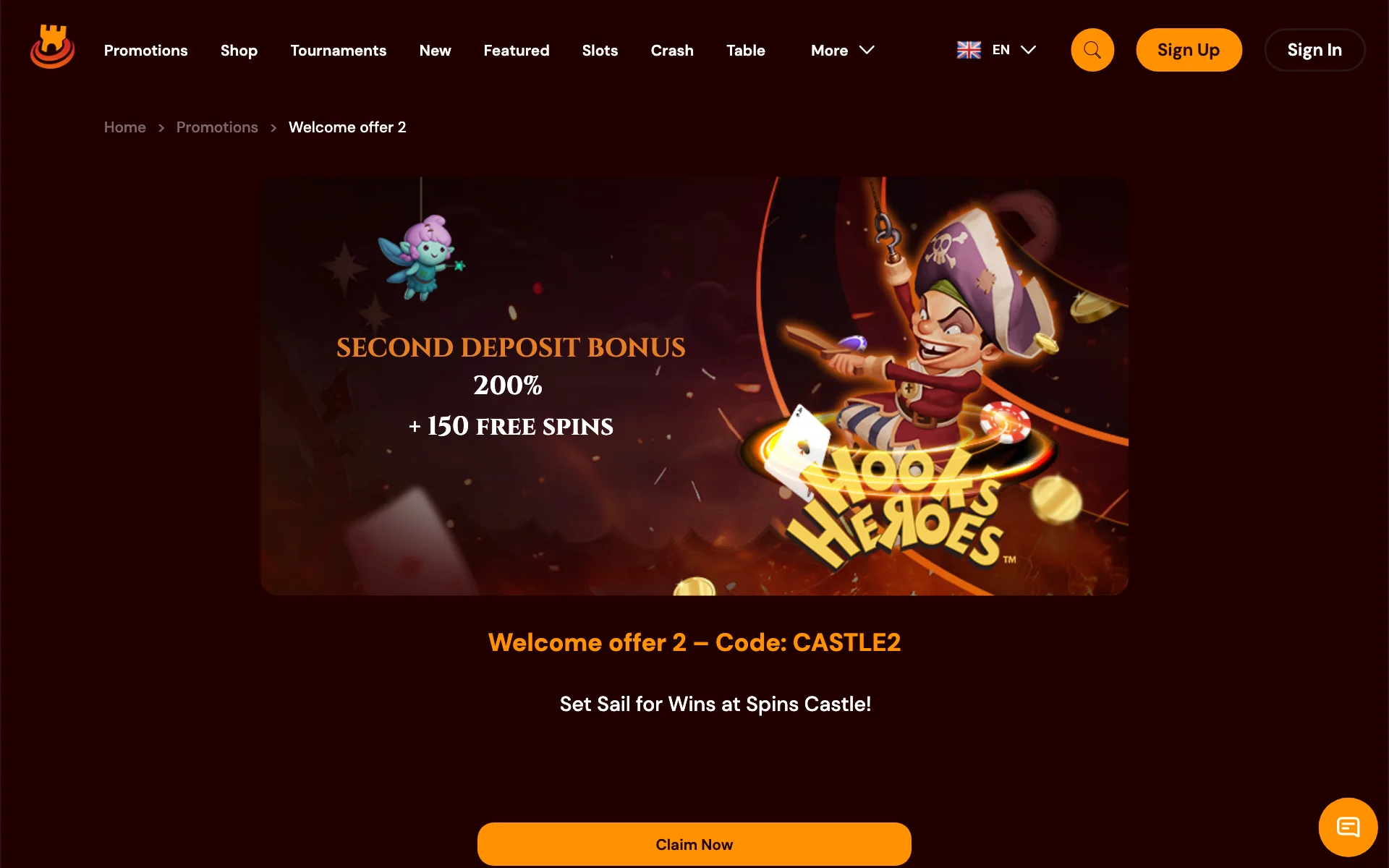 Spins Castle second deposit card: 200% and 150 free spins on Hook's Heroes