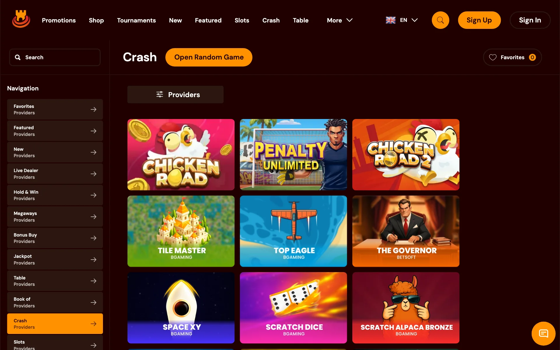 Spins Castle crash games section